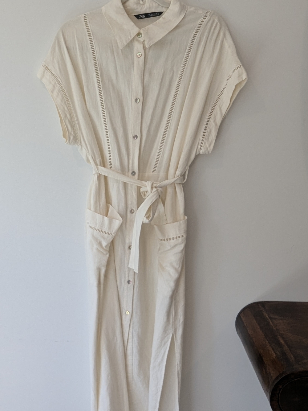 ZARA Cream Button-Front Belted Linen Dress - Picture 2 of 5